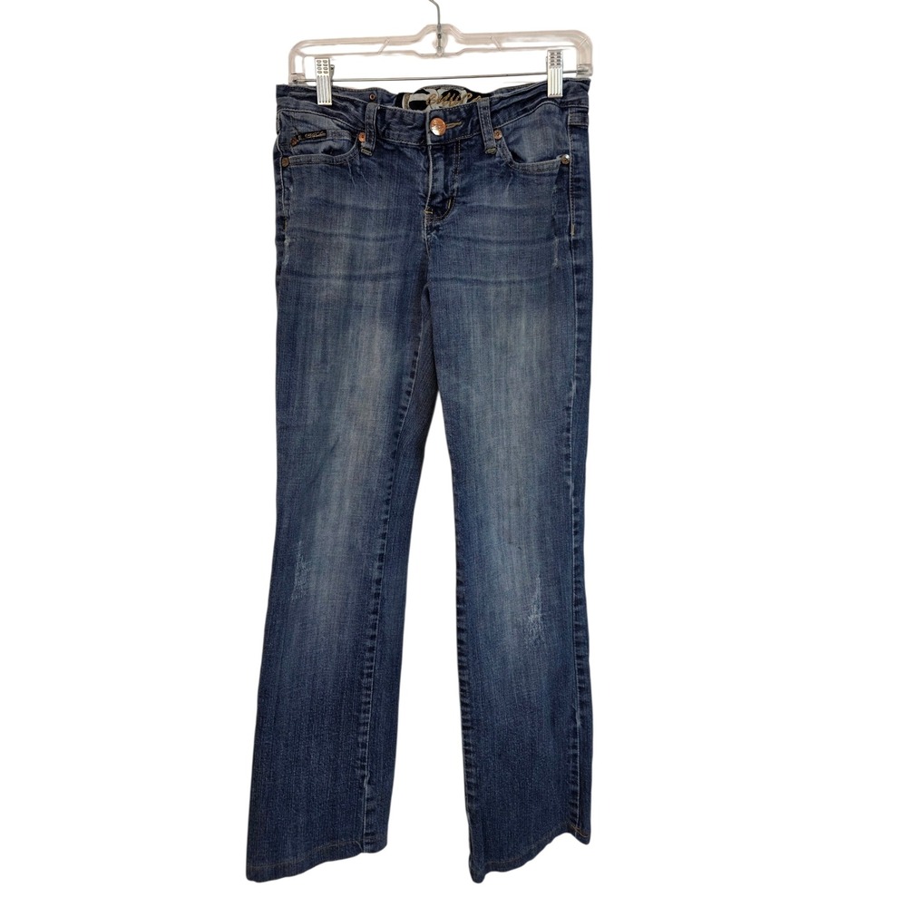Enyce Womens Blue Denim Bootcut Jeans Medium Wash Embellished Pockets Distressed